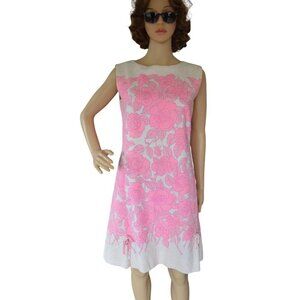Vintage 60s Alex Coleman Floral Brocade Shift Dress Pink White Womens Size Small